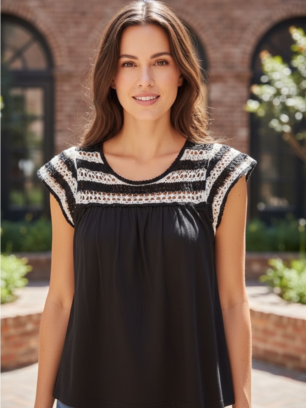 LOFT Black Top with White Crochet Yoke